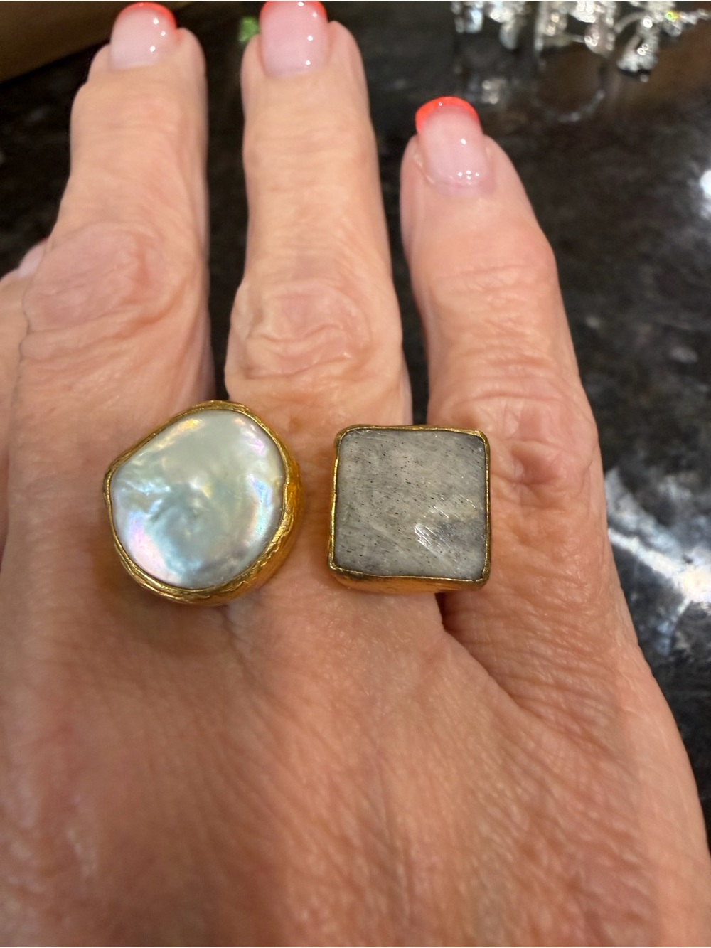 Gold-Edged Iridescent Pearl and Gray Stone Statement Ring Set
